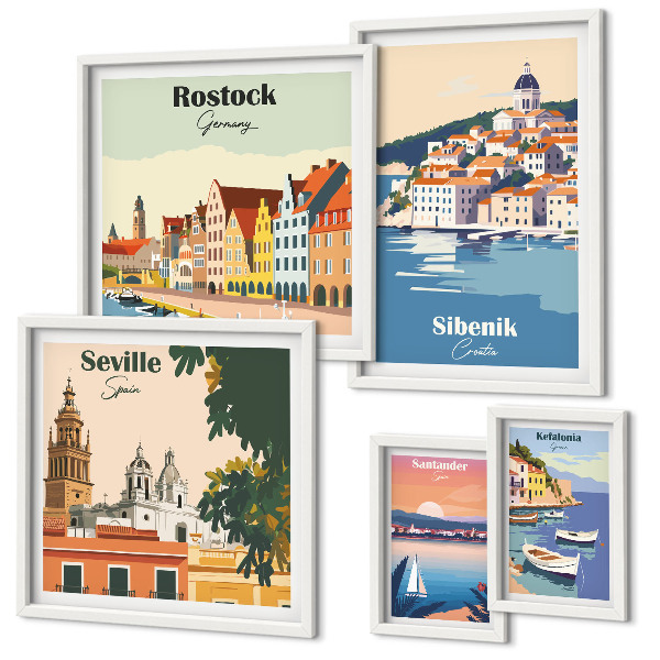 Set di 5 quadri Paesaggi delle città costiere
