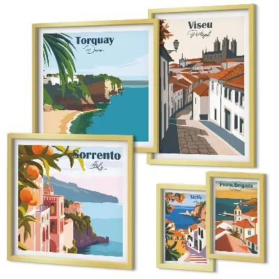 Set di 5 quadri raffiguranti pittoresche città d'Europa