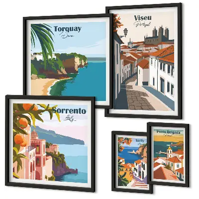 Set di 5 quadri raffiguranti pittoresche città d'Europa