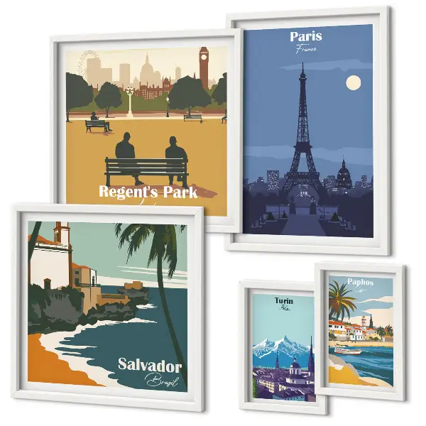 Set di 5 quadri con rappresentazione di città iconiche europee in stile retrò