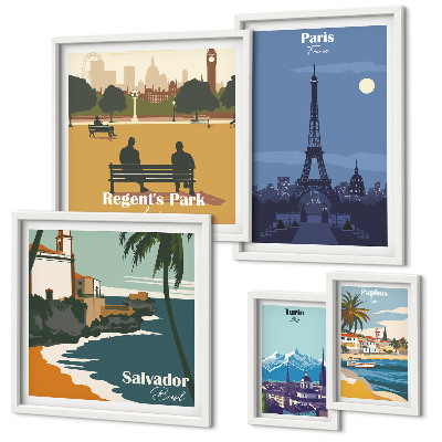 Set di 5 quadri Città iconiche europee in stile retrò