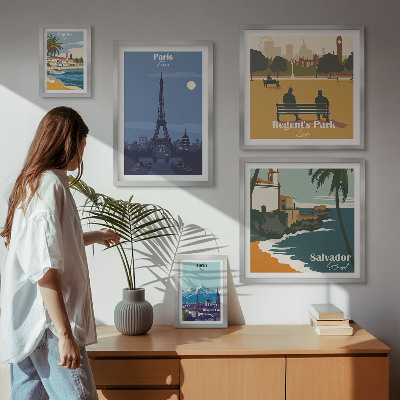 Set di 5 quadri Città iconiche europee in stile retrò