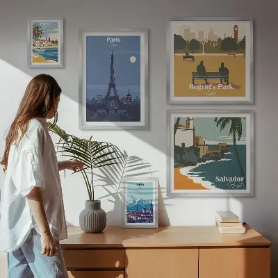 Set di 5 quadri con rappresentazione di città iconiche europee in stile retrò