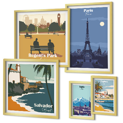 Set di 5 quadri Città iconiche europee in stile retrò