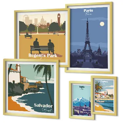 Set di 5 quadri con rappresentazione di città iconiche europee in stile retrò