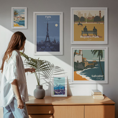 Set di 5 quadri Città iconiche europee in stile retrò
