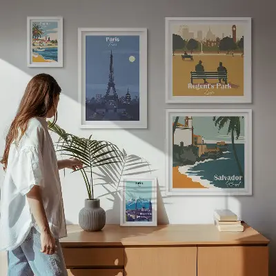 Set di 5 quadri con rappresentazione di città iconiche europee in stile retrò