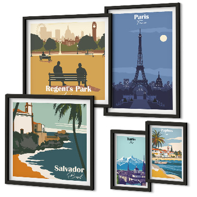 Set di 5 quadri Città iconiche europee in stile retrò