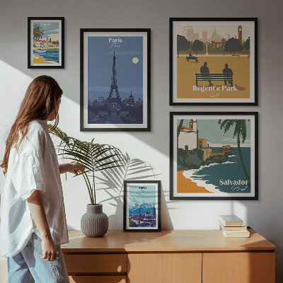 Set di 5 quadri Città iconiche europee in stile retrò