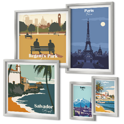 Set di 5 quadri Città iconiche europee in stile retrò