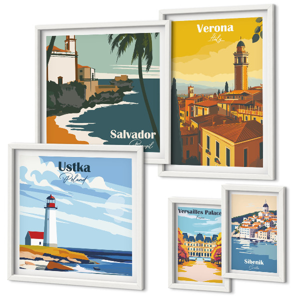Set di 5 quadri Paesaggi urbani con lanterne