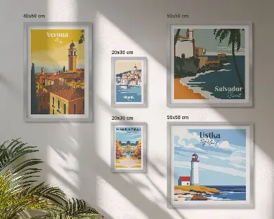 Set di 5 quadri con paesaggi urbani e lanterne