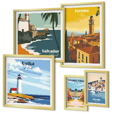 Set di 5 quadri con paesaggi urbani e lanterne