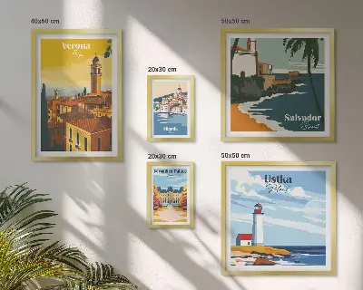 Set di 5 quadri con paesaggi urbani e lanterne