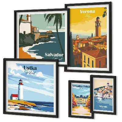 Set di 5 quadri con paesaggi urbani e lanterne