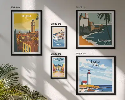 Set di 5 quadri con paesaggi urbani e lanterne