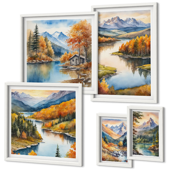 Set di 5 quadri Fiumi di montagna, alberi autunnali