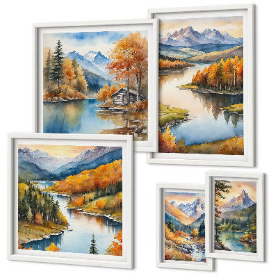 Set di 5 quadri Fiumi di montagna, alberi autunnali