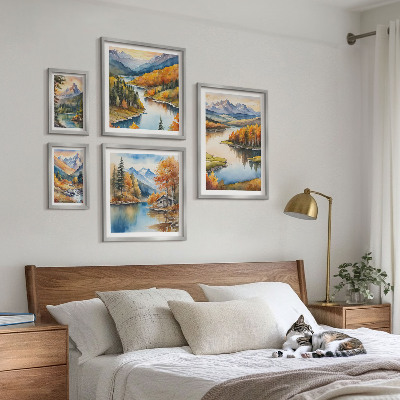 Set di 5 quadri Fiumi di montagna, alberi autunnali