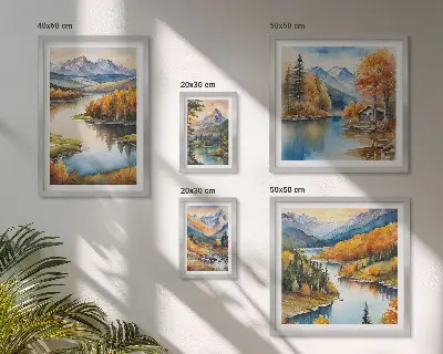 Set di 5 quadri fiumi di montagna con alberi autunnali