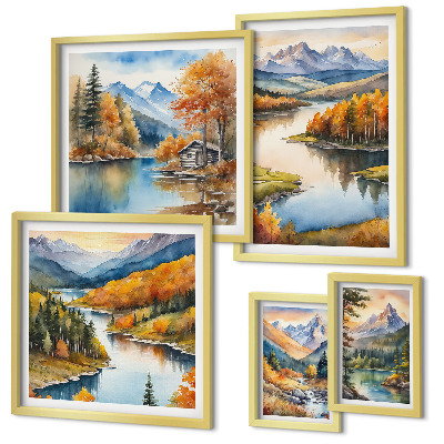 Set di 5 quadri Fiumi di montagna, alberi autunnali