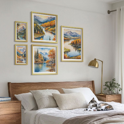 Set di 5 quadri Fiumi di montagna, alberi autunnali