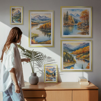 Set di 5 quadri Fiumi di montagna, alberi autunnali