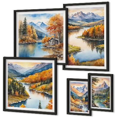 Set di 5 quadri Fiumi di montagna, alberi autunnali