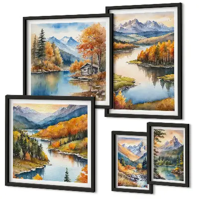 Set di 5 quadri fiumi di montagna con alberi autunnali