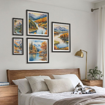 Set di 5 quadri Fiumi di montagna, alberi autunnali