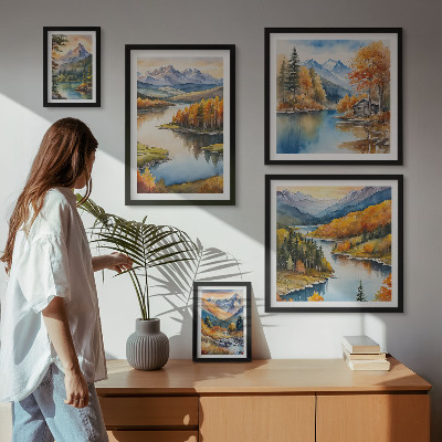 Set di 5 quadri Fiumi di montagna, alberi autunnali