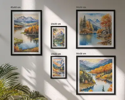 Set di 5 quadri fiumi di montagna con alberi autunnali