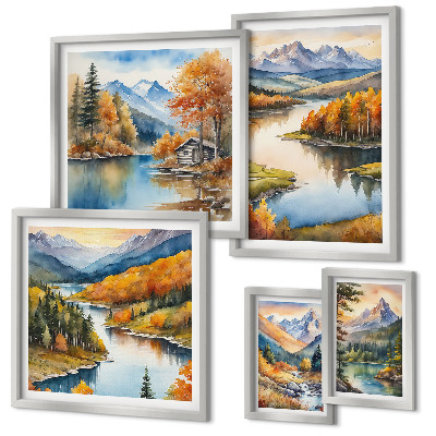 Set di 5 quadri Fiumi di montagna, alberi autunnali