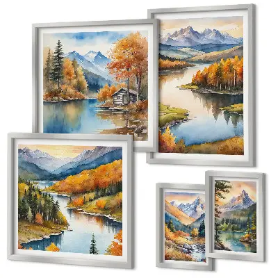 Set di 5 quadri fiumi di montagna con alberi autunnali