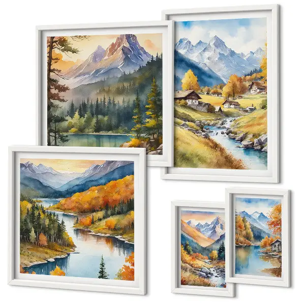 Set di quadri incorniciati raffiguranti paesaggi montani della valle del fiume