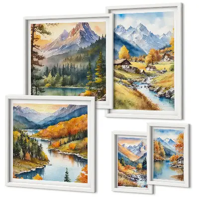 Set di quadri incorniciati raffiguranti paesaggi montani della valle del fiume