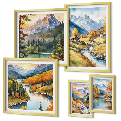 Set di quadri incorniciati raffiguranti paesaggi montani della valle del fiume
