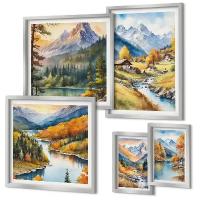 Set di quadri incorniciati raffiguranti paesaggi montani della valle del fiume