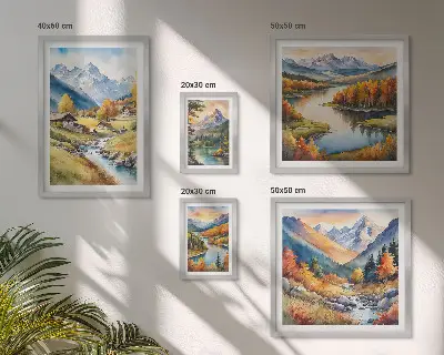 Set di quadri incorniciati con paesaggi di montagne, fiumi e foreste