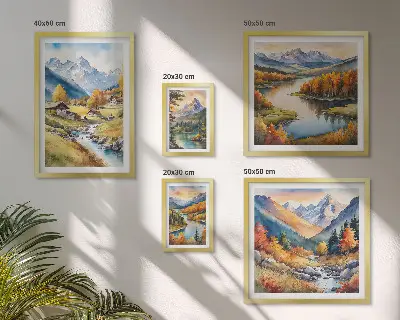 Set di quadri incorniciati con paesaggi di montagne, fiumi e foreste