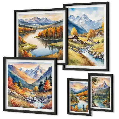 Set di quadri incorniciati con paesaggi di montagne, fiumi e foreste