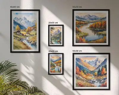 Set di quadri incorniciati con paesaggi di montagne, fiumi e foreste