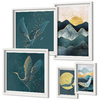 Set di 5 quadri Animali selvatici montagne uccelli sole
