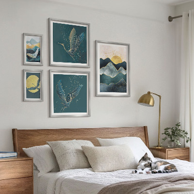 Set di 5 quadri Animali selvatici montagne uccelli sole