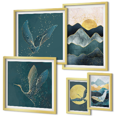 Set di 5 quadri Animali selvatici montagne uccelli sole