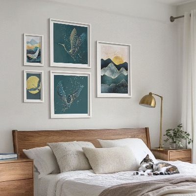 Set di 5 quadri Animali selvatici montagne uccelli sole