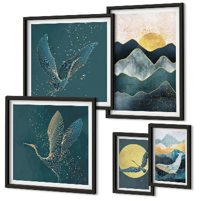 Set di 5 quadri Animali selvatici montagne uccelli sole