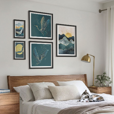 Set di 5 quadri Animali selvatici montagne uccelli sole