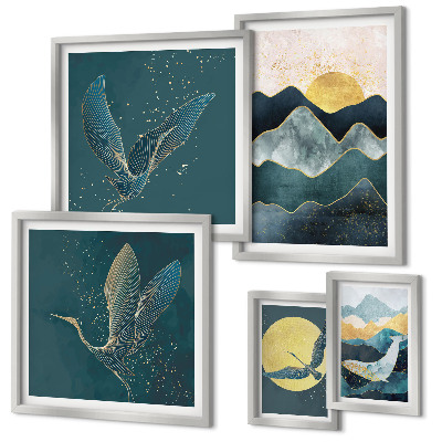 Set di 5 quadri Animali selvatici montagne uccelli sole