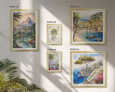 Set di 5 quadri con paesaggi montani e viste sul mare